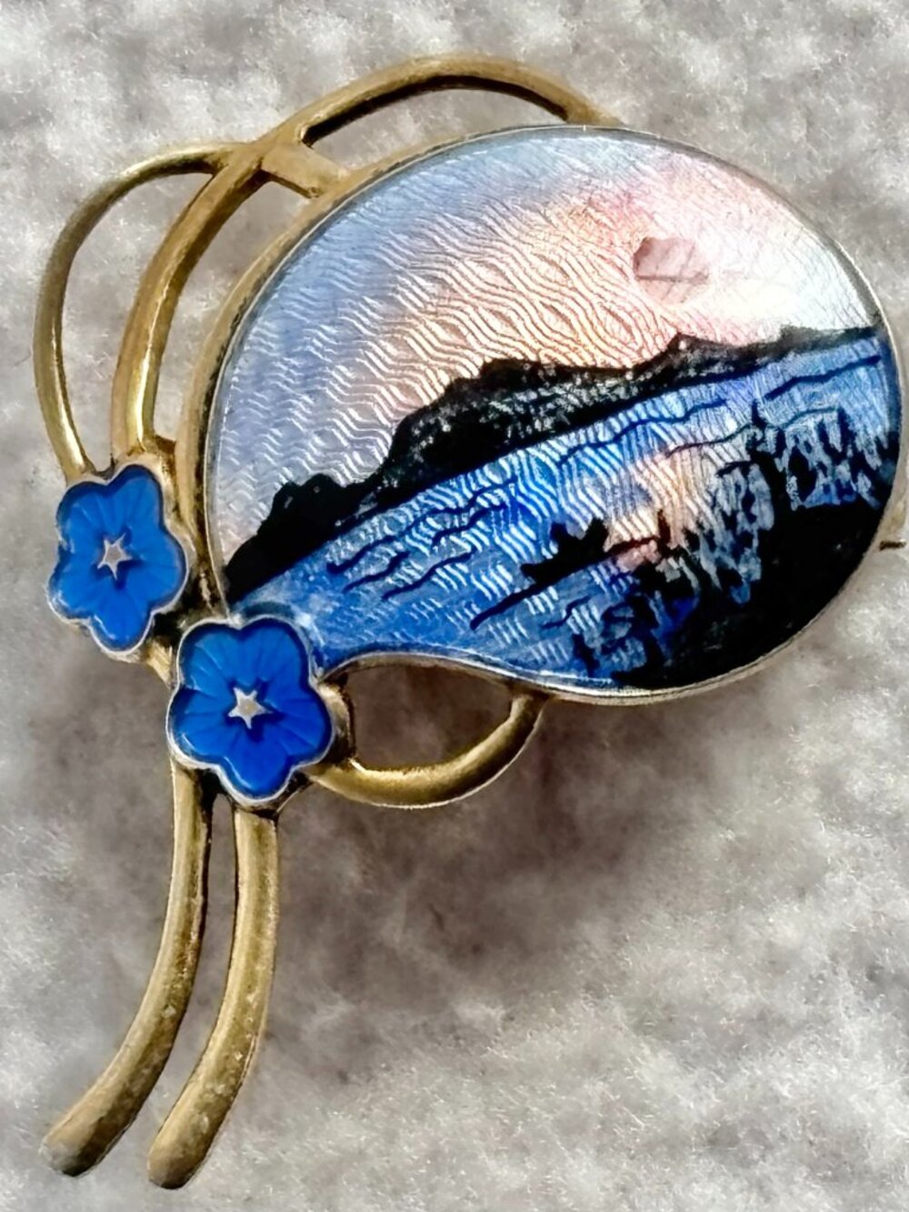 Vintage Norwegian 925 Sterling Silver Enamel Sunset Seaside Brooch Norway